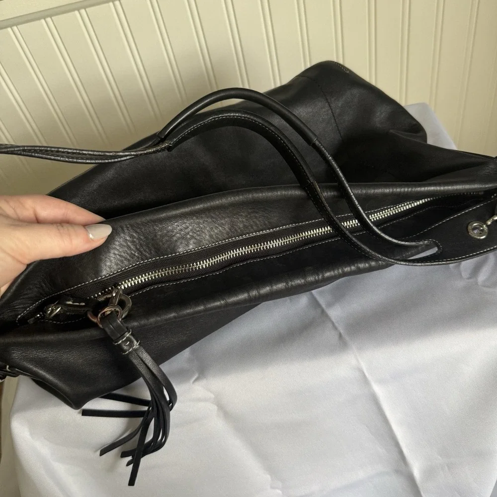 Vintage COACH BLACK East/West Soft Leather Duffle TASSEL Hobo Shoulder Bag Purse